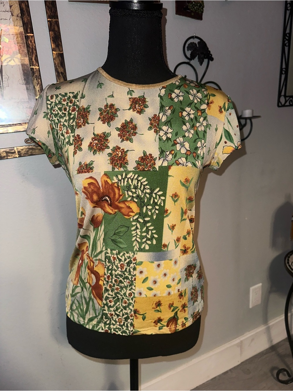 Vintage Y2K Caia Multicolor Green Yellow Floral Patchwork Short-Sleeve Shirt, S